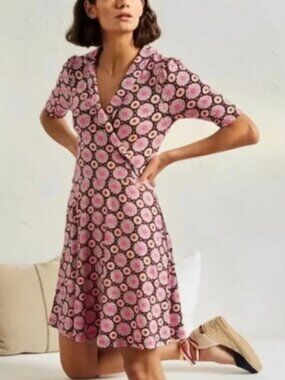 Boden Jersey Dress Opulent Daisy Black Faux Wrap Surplice Floral Geometric Sz 12